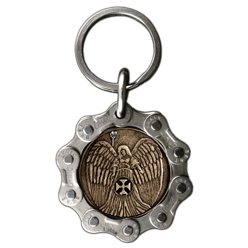  Designerski brelok - Medal Anioł Stróż z Błękitną Cyrkonią - Dla Motocyklistów 
